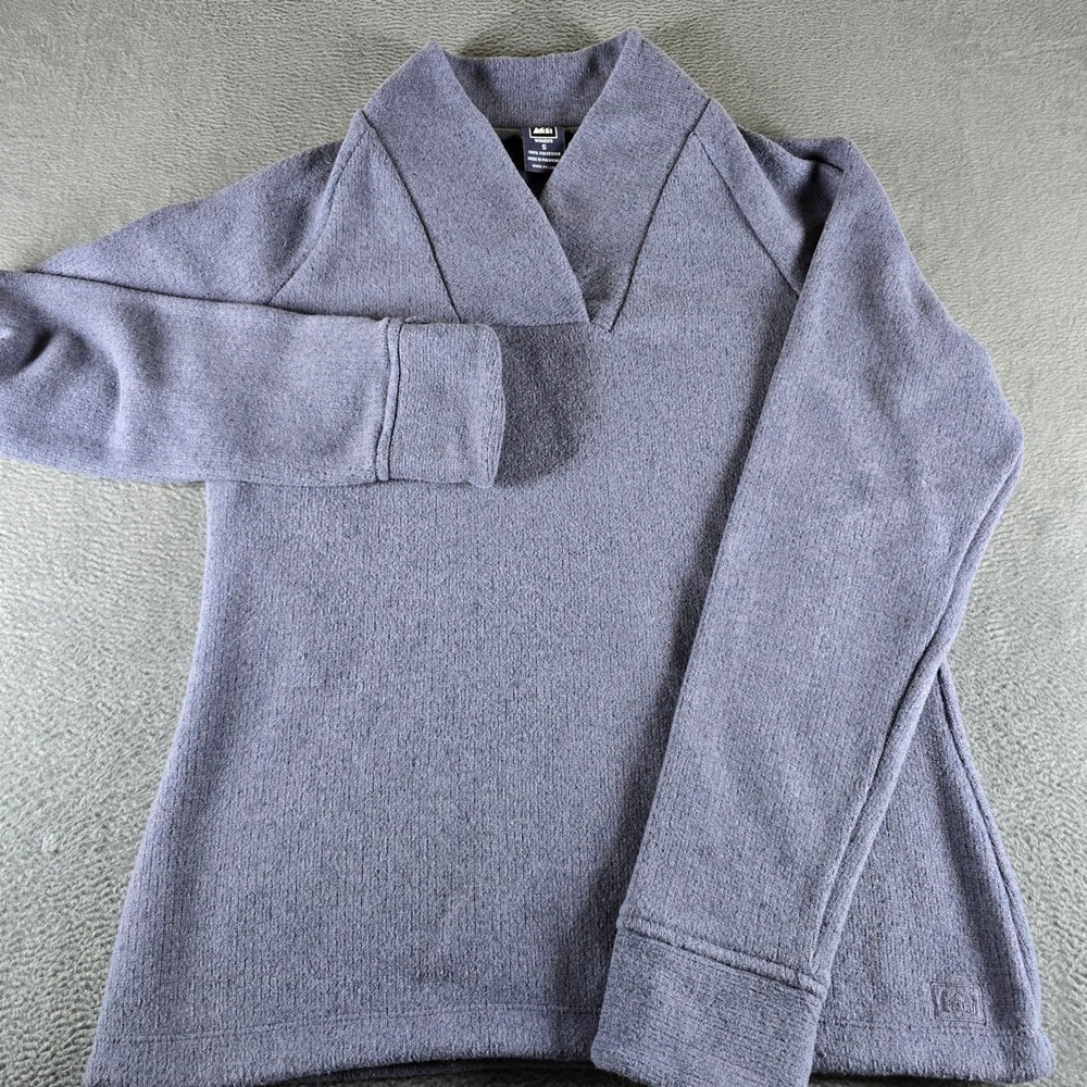 REI Womens Small Blue Purple Fleece Shawl Collar Pullover Sweater Thumbholes